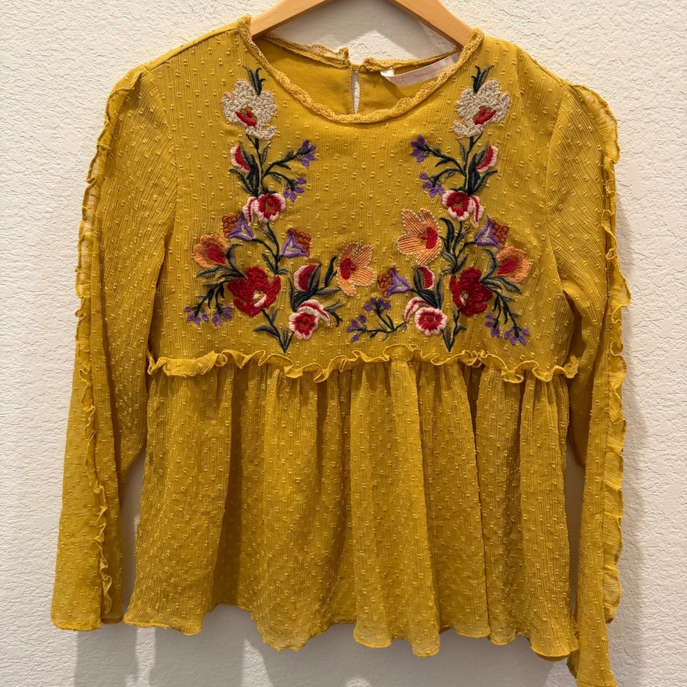 Zara Mustard Yellow Embroidered Peplum Blouse